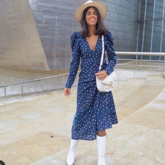 Zara Puff Shoulder Polka Dot Midi Maxi Dress Blue Size Large - Picture 1 of 10